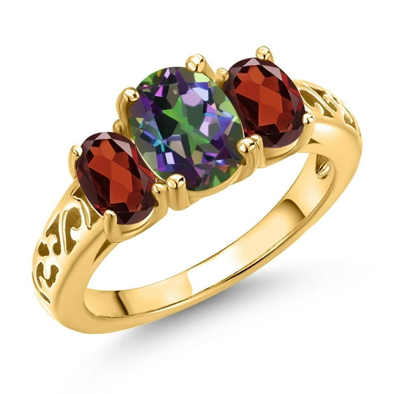 Gem Stone King 18K Yellow Gold Plated Silver Green Mystic Topaz and Red Garnet Filigree Style 3 Stone Ring for Women (2.72 Cttw, Oval 8X6MM and 6X4MM) (Size 6)