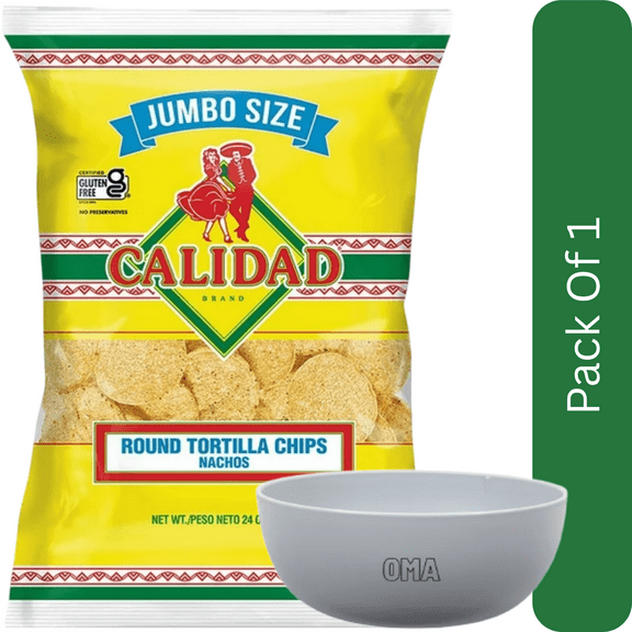 Calidad Round Yellow Corn Tortilla Chips, 24 oz, With Olive White Bowl By OMA