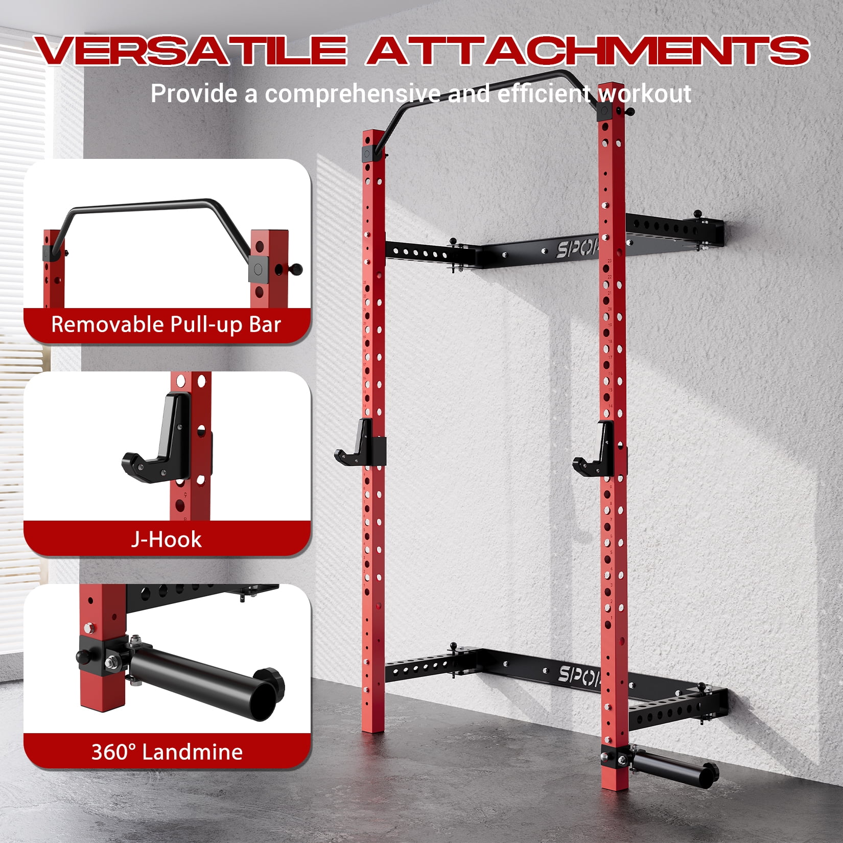 Folding Wall Mounted Squat Rack for Home Gym – 1000lbs Heavy Duty Power Rack with Adjustable Pull Up Bar, J-Hooks & 360° Landmine – 2.36" Steel Frame, Collapsible Space-Saving Design for Garage