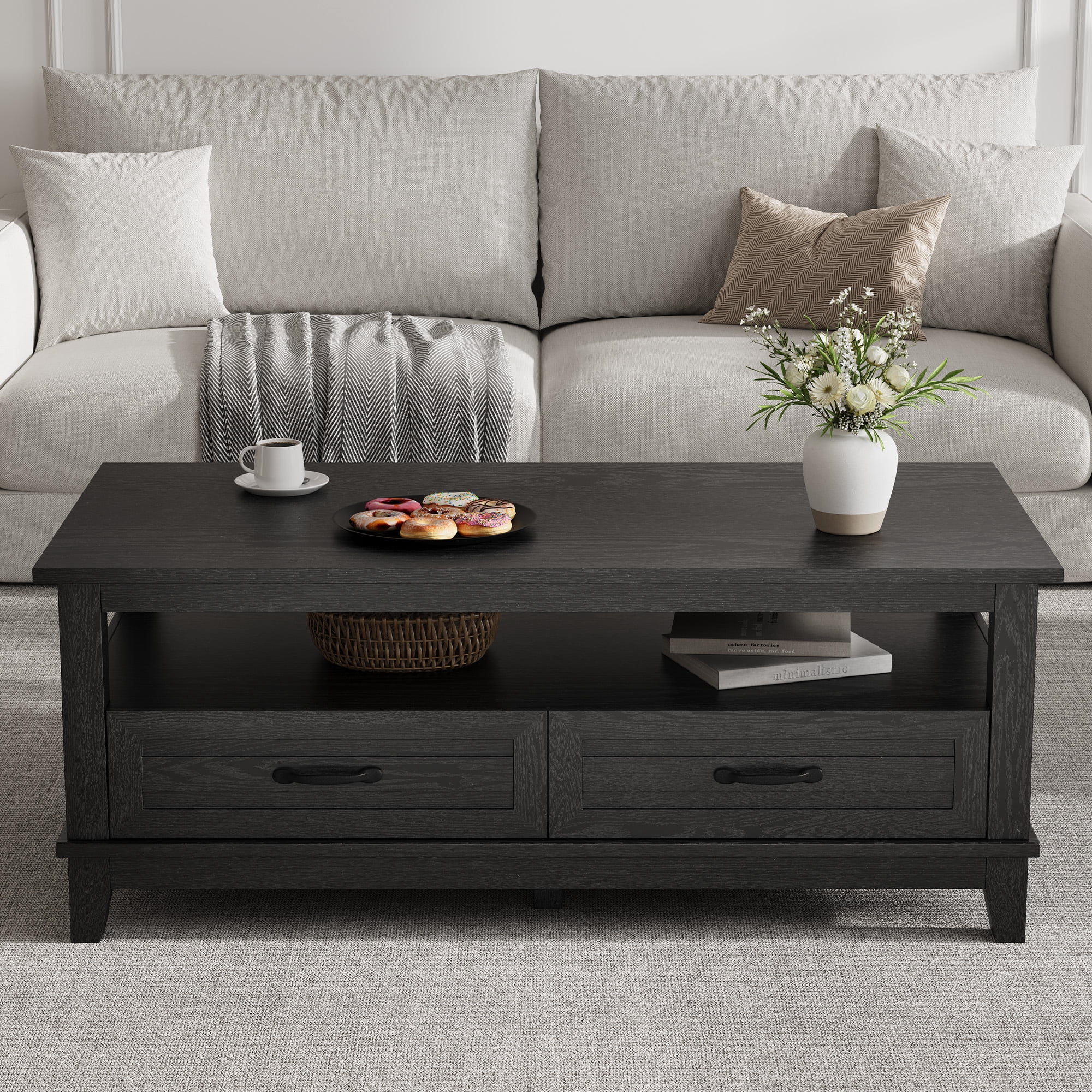 Farmhouse Coffee Table with Storage, Wood Coffee Table for Living Room, Open Display Area and Storage Drawers with Handles, Chic Style for Office, Parlor, Reading Room