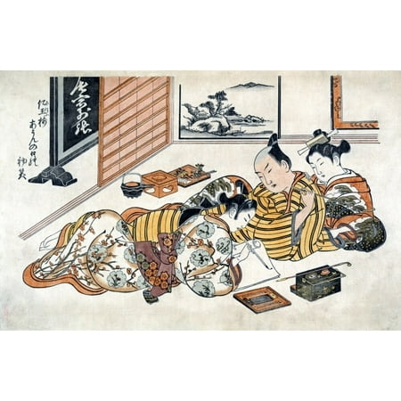 Japan: Letter Writer, 1733. /Na Japanese Man With Two Women, One Of Whom Is Writing A Letter. Color Woodcut By Masanobu Okumura, C1733. Poster Print by Granger Collection