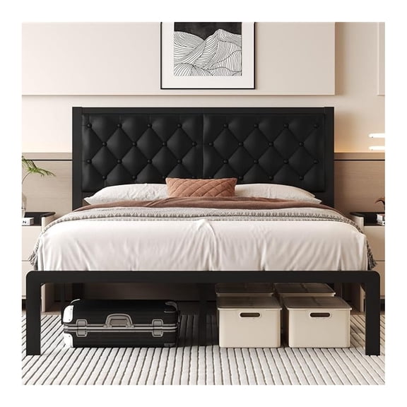 Queen Bed Frame with Headboard PU Leather Upholstered Bed Frame Platform,All Metal Slats Support Platform Bed Frame with Storage Space,Easy Assembly,Noise Free,No Box Spring Needed,Black