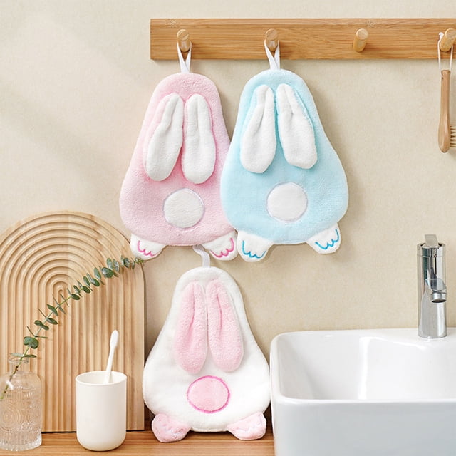 Toalla de mano en forma de conejo | Vellón de Coral Engrosado | Montable en pared, altamente absorbente, sin olor | Blanda, sin pelusa, duradera | Rosa/Blanco/Azul | 27x8cm | Imprescindibles para el