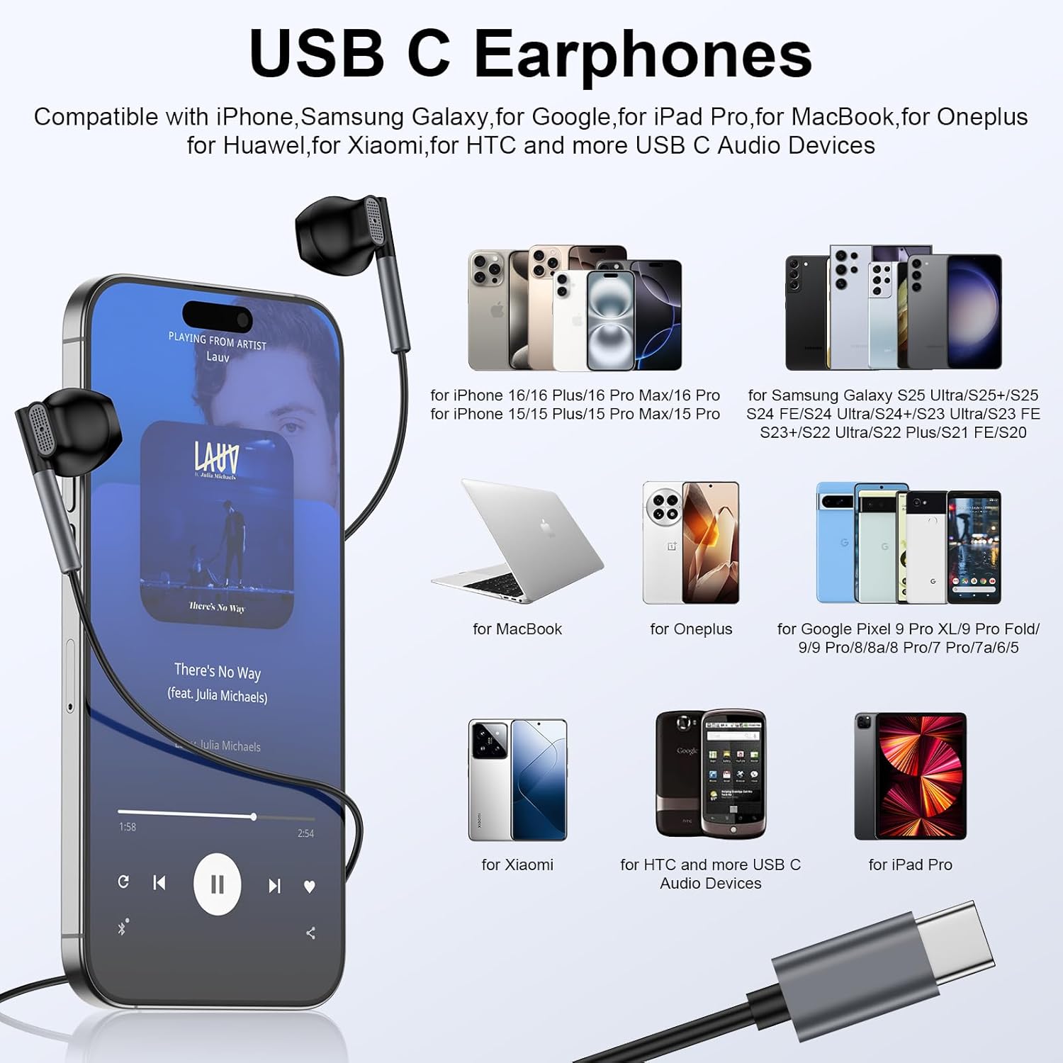 USB C Headphones for Samsung Galaxy A17 5G A16 A56 S25 Ultra S24FE A54 S23 Plus A15 S22+,iPhone 17 Pro Max/Air/16 Plus/16 Pro Max/15,Android Type C Wired Microphone Earbuds Earphones for Pixel 10 9a