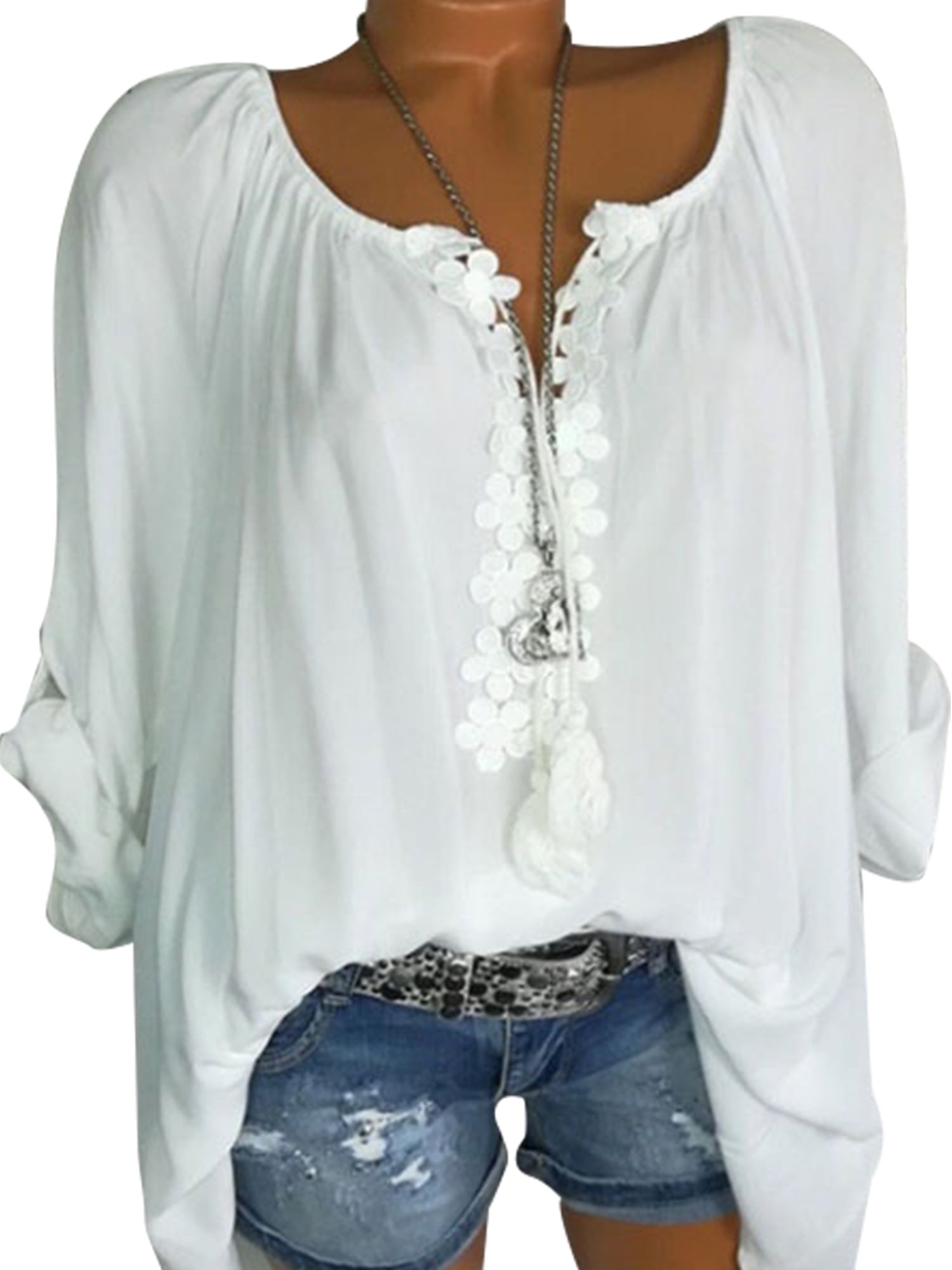 Plus Size Tops for Women Casual V Neck Tops Shirt Ladies Lace Stitching Summer Blouse Roll-Up 