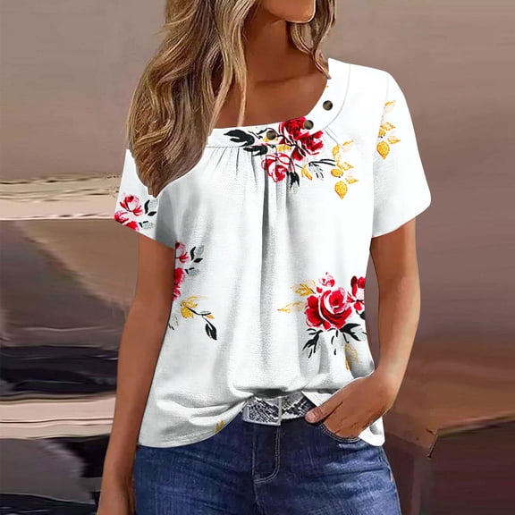 QUNYINEY Floral T Shirts for Women Square Neck Short Sleeve Casual Tops Button Loose Pleated Pullover Shirts