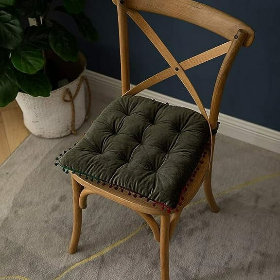Nvzi Velvet Soft Square Chair Pad with Ties Cute Gradient Indoor Dining Chairs Cushion (Army Green, 16" x 16")