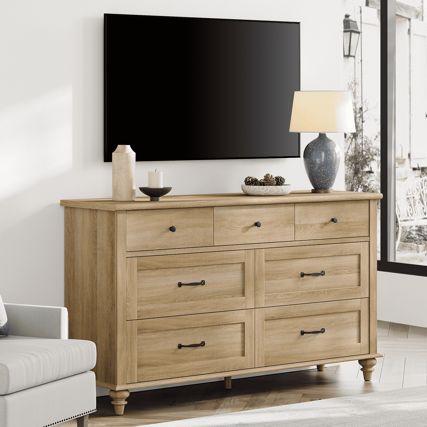 Oak 7 Drawer Dresser for Bedroom, Wooden Chest of Drawers for Living Room