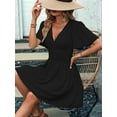 thumbnail image 4 of Women V Neck Mini Dress Summer Ruffle Sleeves A Line Elastic High Waist Flowy Swing Dresses Black XL, 4 of 7