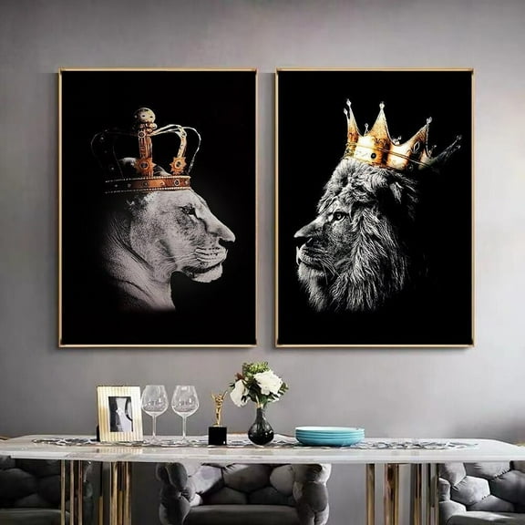 2pcs Lion Couple Wall Stickers, Black Lion and Lioness with Crown Canvas Painting Poster Wall Art Decoration, for Home Bedroom Living Room Decoration, Frameless Canvas Painting