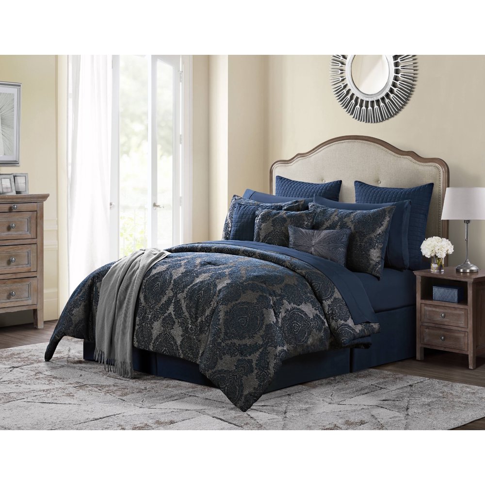 Gabrielle Blue Jacquard Damask BedinaBag Comforter Set, Queen, Blue