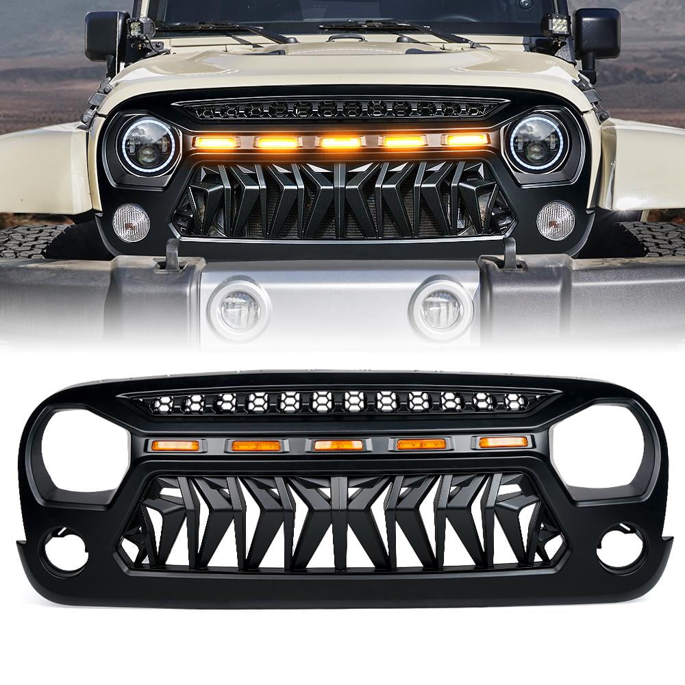 Xprite Venom Series Replacement Black Grille with LED Running Lights for Jeep  Wrangler 2007-2018 JK 