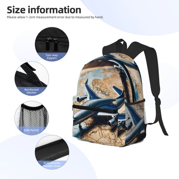 Gukieu Airplane World Map Adventure Print Backpack, Waterproof Backpack with Adjustable Shoulder Straps, Suitable for Campus, Business, Travel, Unisex