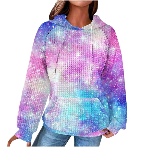 Lopecy-Sta Women's Galaxy Tie Dye Hoodie, Casual Drop Shoulder Hooded Sweatshirt with Pocket, Long Sleeve Pullover for Women Fashion L
