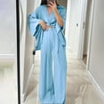 thumbnail image 2 of Women's Cotton Linen V-Neck Two Piece Set - Long Sleeve Shirt + High Waist Wide Leg Pants | Summer Lounge Streetwear, 2 of 8