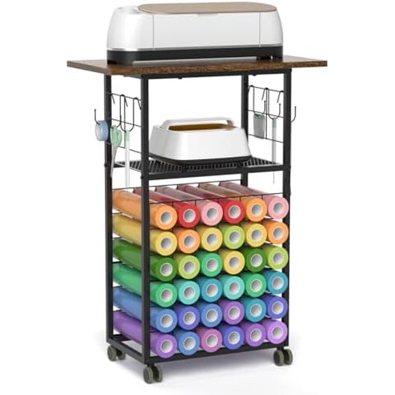 Rolling Craft Storage Cart with 36 Vinyl Roll Holders, Craft Organizers and Storage Compatible with Cricut Machines, Crafting Table Organization Workstation with Wheels for Craft Room$$Office
