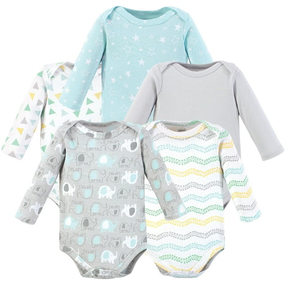 Little Treasure Luvable Friends Long-Sleeve Bodysuits 5pk, Neutral Elephant Print, 0-3M