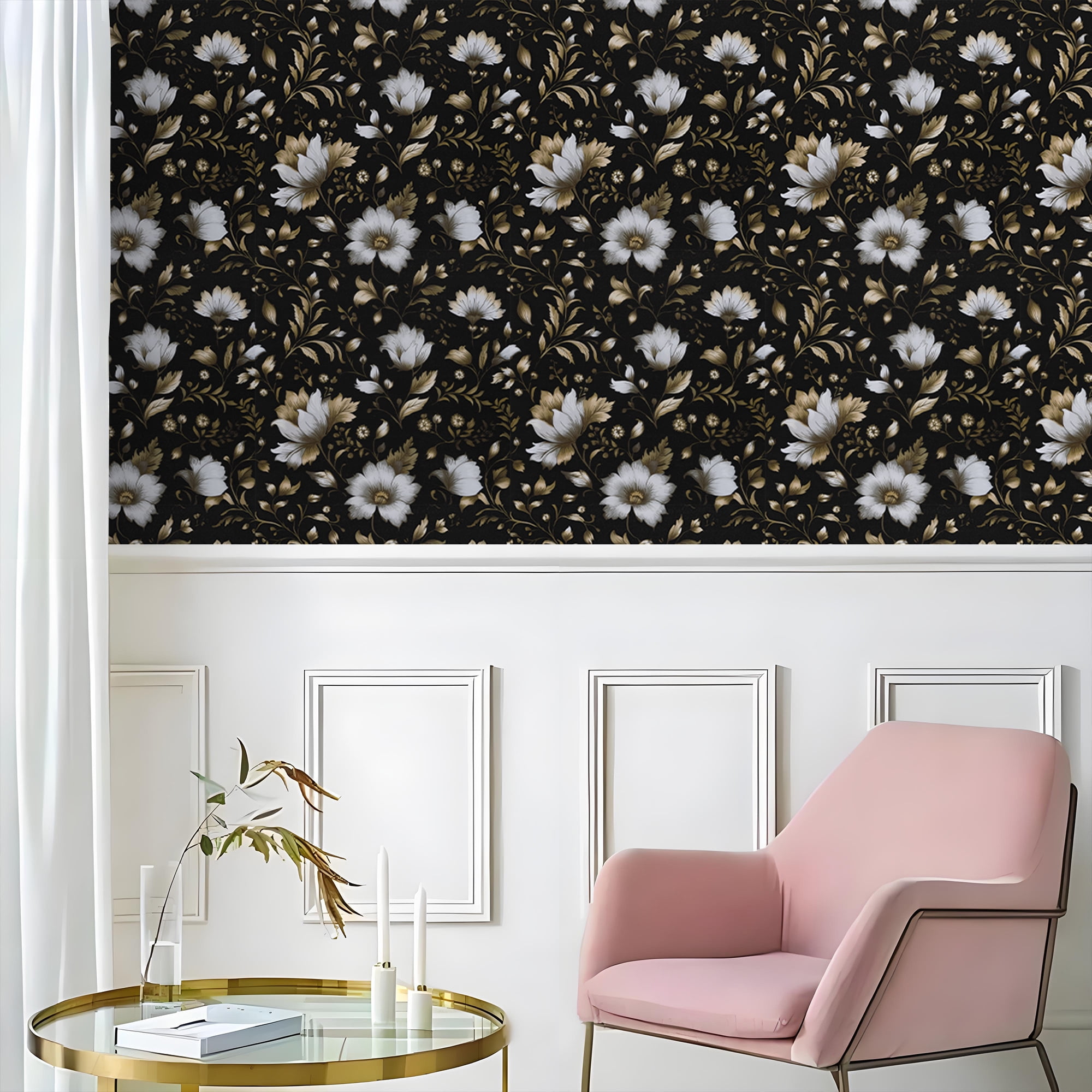 Abyssaly Black Gold Floral Wallpaper, 17.3" x 393" Peel and Stick Wallpaper Self-Adhesive Removable Contact Paper for Home Decoration