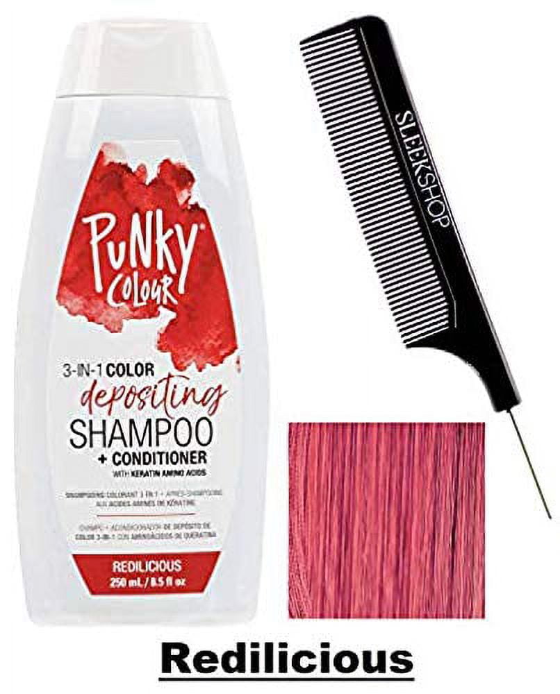 PUNKY COLOUR 3-in-1 COLOR DEPOSITING Shampoo + Conditioner with HAIR  KERATIN AMINO ACIDS Haircolor (with SLEEK COMB) 8.5 oz / 250 ml  (Redilicious) 