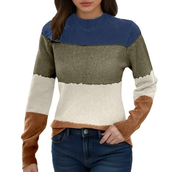 Women's Sweater Stripe Color Block Long Sleeve Crew Neck Casual Knitted Cozy Sweaters