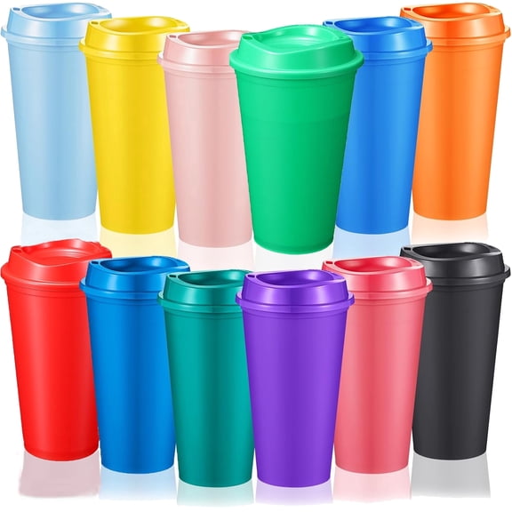 BAKER DEPOT 12 Pcs 16 oz Reusable Coffee Cups with Lids Plastic Travel Mugs for Hot and Cold Drinks Bulk Iced Tumblers for Wedding Party Birthday Gifts (Random Assorted Color)