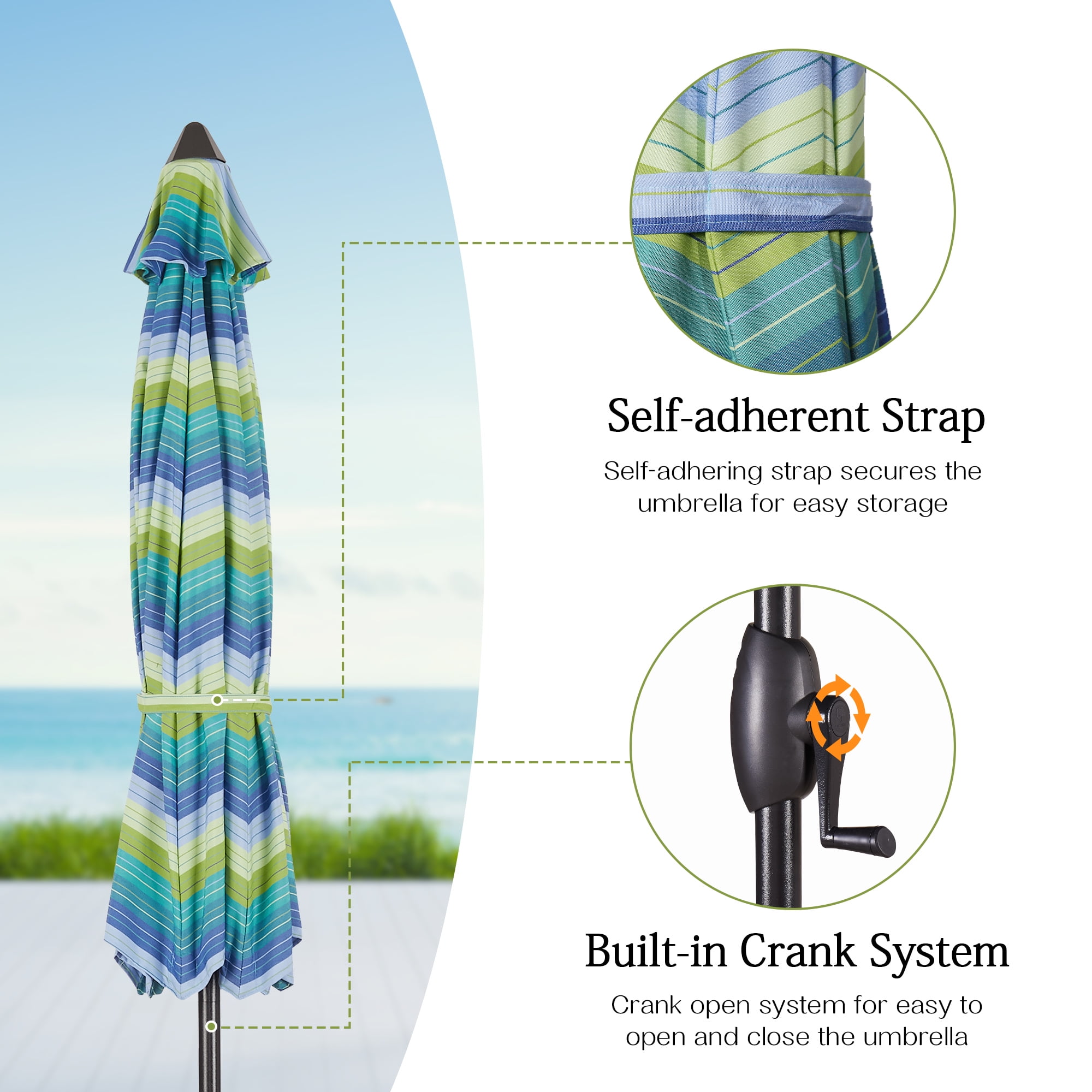 Iwicker 9Ft Patio Umbrella Sunbrella Outdoor Aluminum Market Umbrella with Crank and Push Button Tilt, Green Stripe