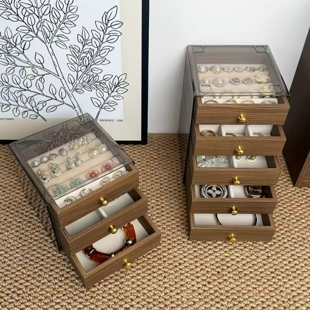 Caja Organizadora de Joyería de 5 Capas Bandeja de Madera de Nuez Almacenamiento para Anillos Pendientes Collares Y Pulseras Decoración Del Hogar Y Regalo
