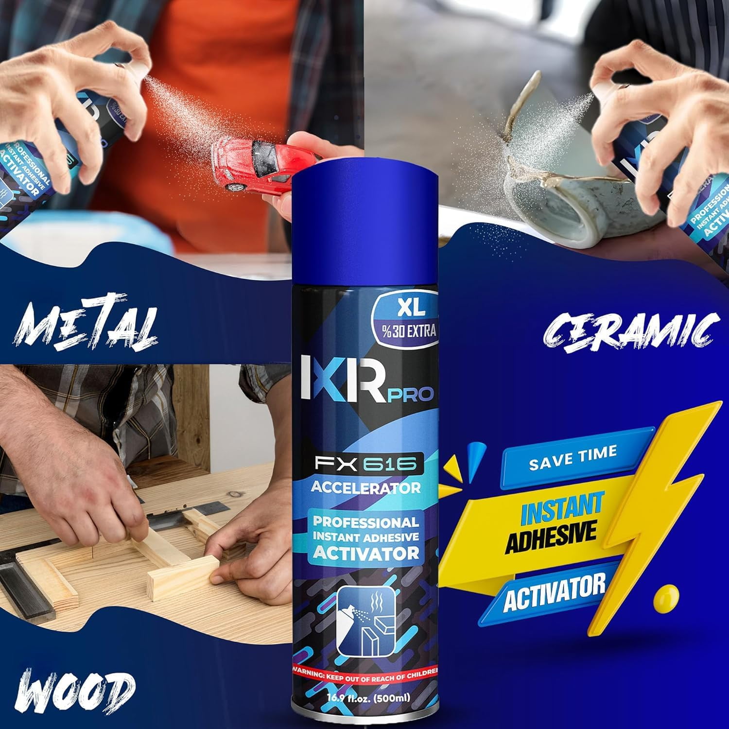 IXIRPRO CA Glue Activator Spray (6 Pack, 16.9 oz Each) – Ultra-Fast Curing Cyanoacrylate Accelerator for Instant Bonding, Woodworking, Plastic, Metal, Crafts, and Repairs