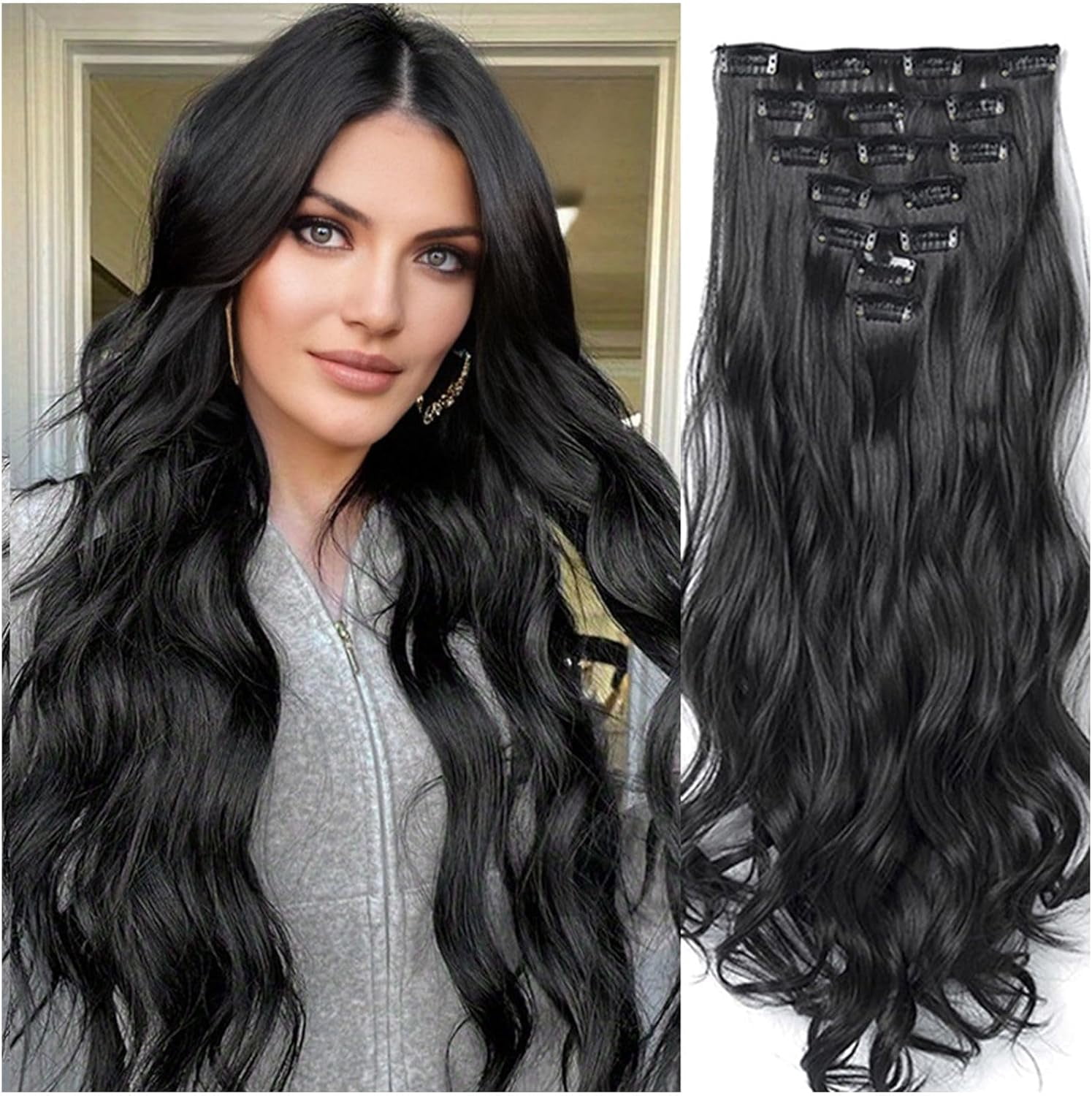 Aorsher Clip in Hair Extension, 7PCS Synthetic Light Brown Hair Extension Clip in Thick Stright Layered Hair Extensions 20 Inch Invisible Double Weft Hair Extensions for Women