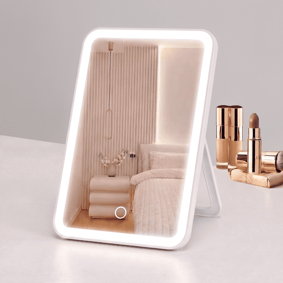 Makeup Mirror with Lights and Speaker, Adjustable Brightness Tabletop Mirror, Portable Travel Mirror with Stand for Desk, Dorm, Gifts