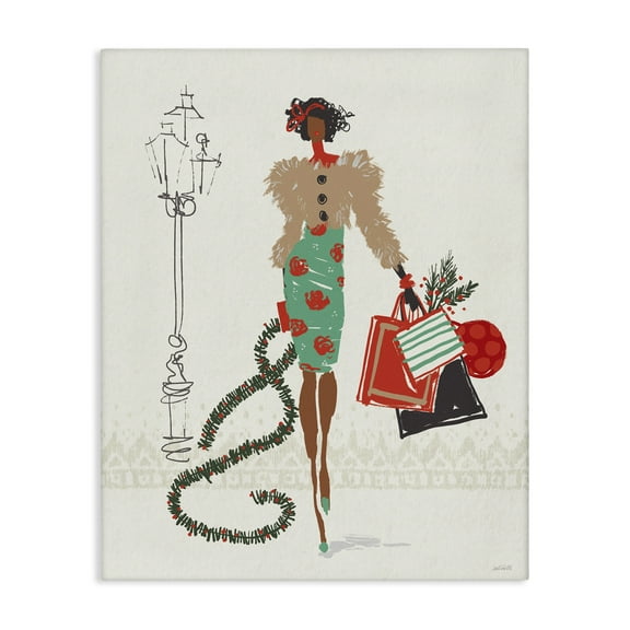 Stupell Industries Festive Shopping Girl Holiday Painting Gallery Wrapped Canvas Art Prints Wall Art, 16 x 20