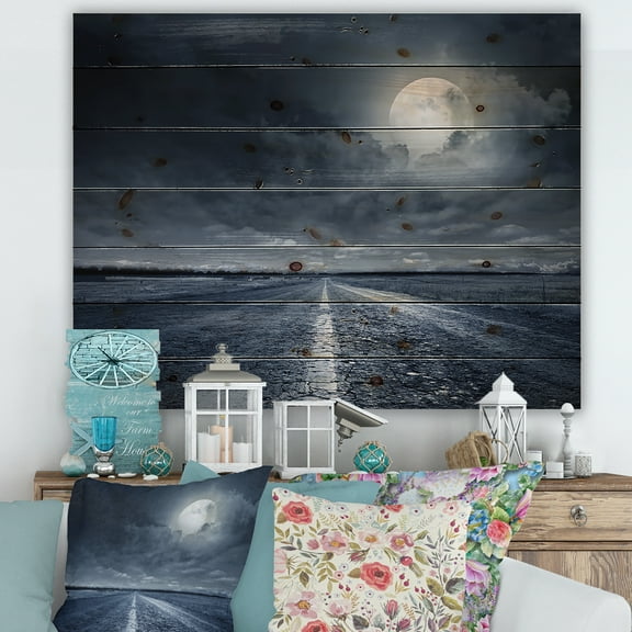 Designart 'Cloudy Full Moon Over Asphalt Road I' Nautical & Coastal Print on Natural Pine Wood