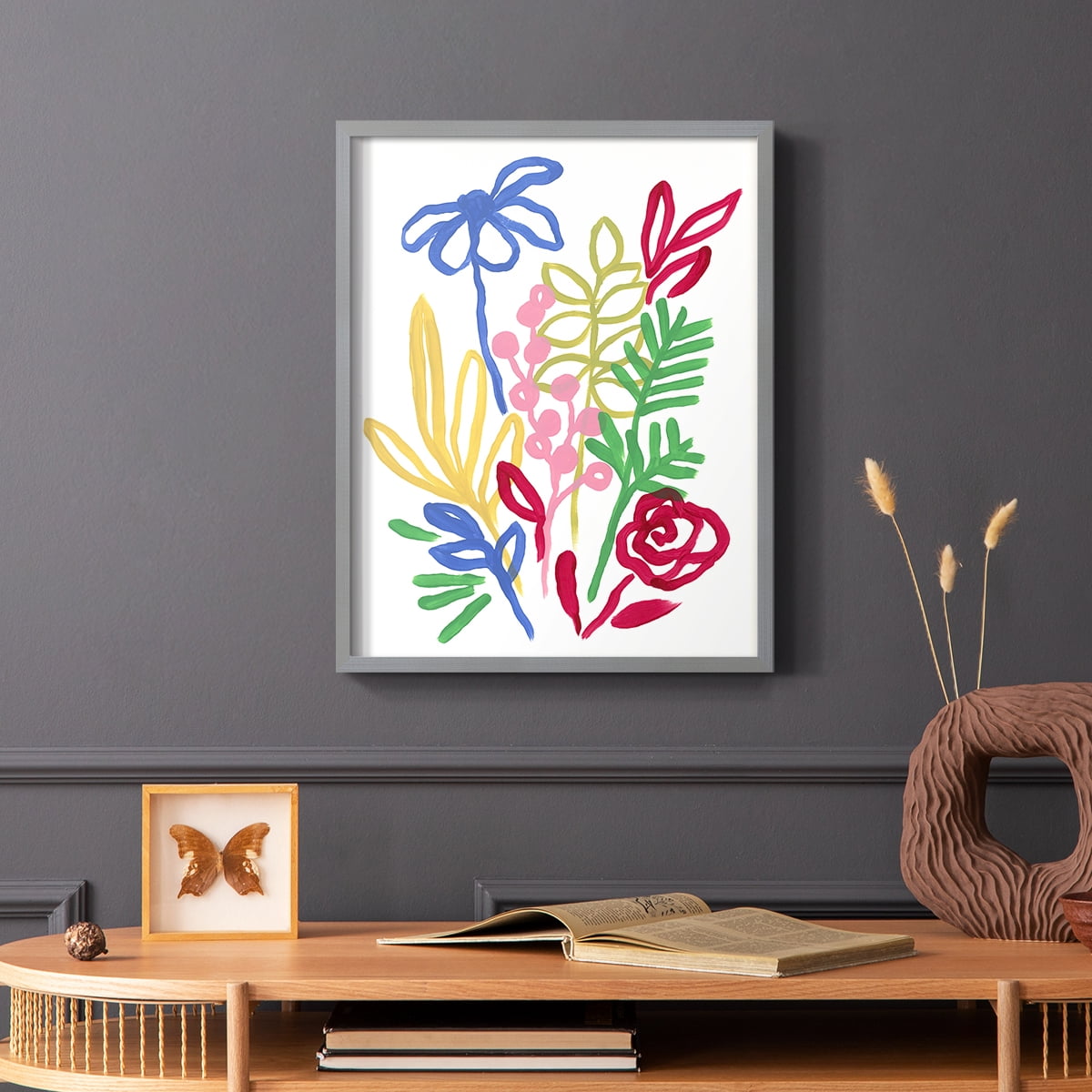 Bold Brushstroke Blooms I Framed Print in Gray Solid Wood Framed Print No Nail Hanging