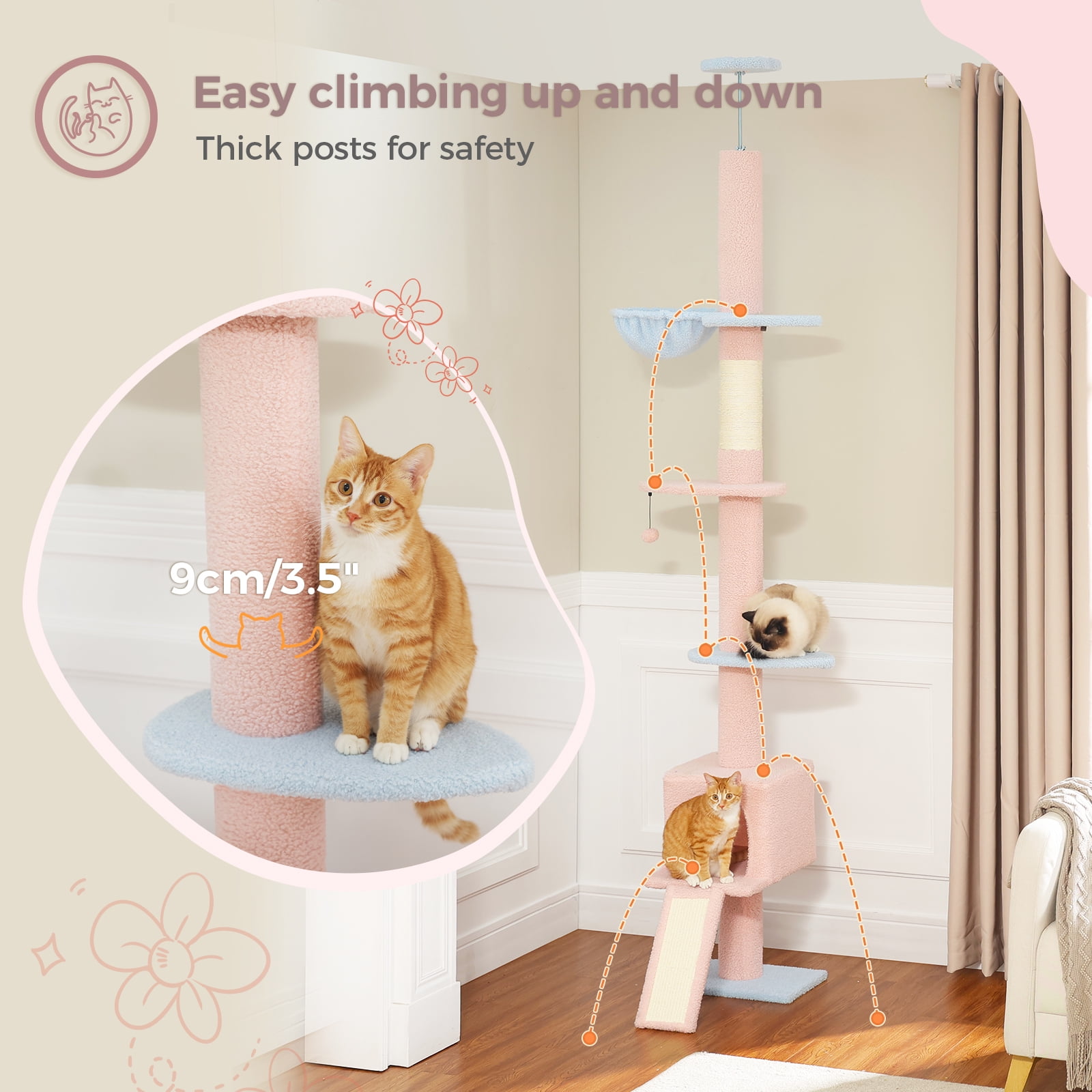 Pefilos 5 Tiers Cat Tree Floor to Ceiling, Adjustable Height (83"-108") Climbing Cat Tower for Indoor Cats with Condo, Scratching Post, Pink