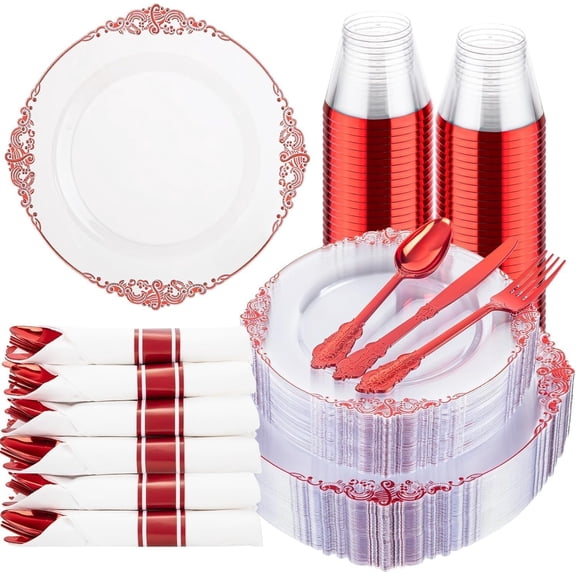 Clear and Red Heavy-Duty Disposable Party Plates Set for 25 Guests with Cups and Silverware