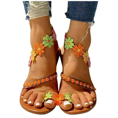 

DTBPRQ Women s Flat Sandals Summer Dressy Wedge Sandals Flat Shoes Comfortable Bohemian Flower Ankle Strap Wedding Party Sandal