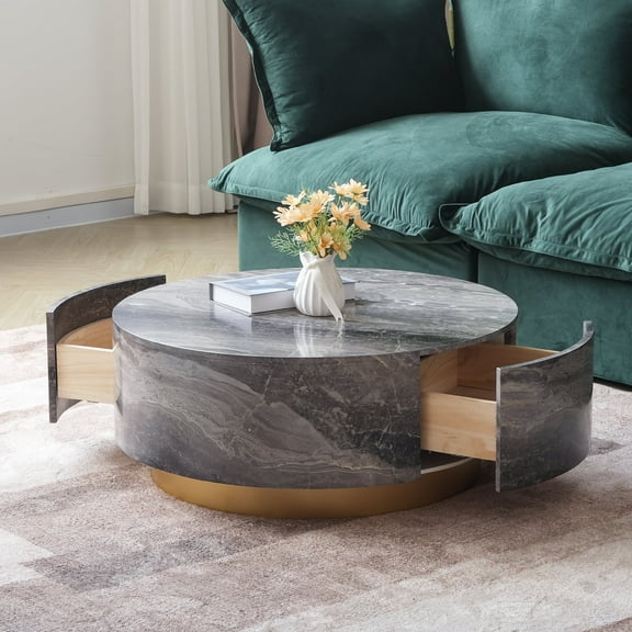 LovingAHome Round Coffee Table with Storage, Modern Faux Marble Finish, Wooden Cover, Gold Metal Base Center Table