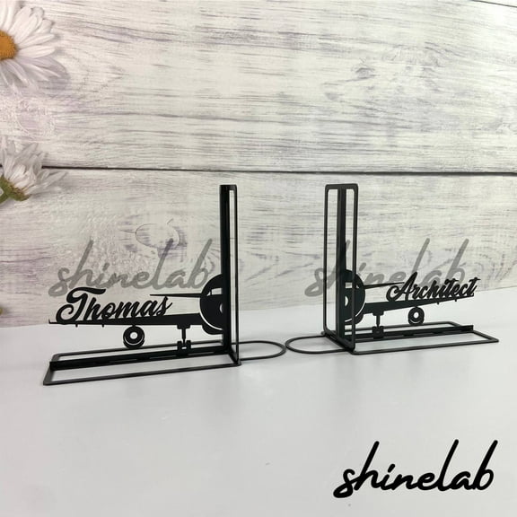 Shinelab Airplane Metal Bookends Custom Pilot Name Bookend Gift, Airplane Desk Bookshelf Decor 6062
