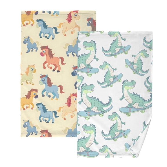Ryvnso 2 PCs Hand Towels Sets Cartoon Horse Cotton Face Towel cartoon Crocodile Skating