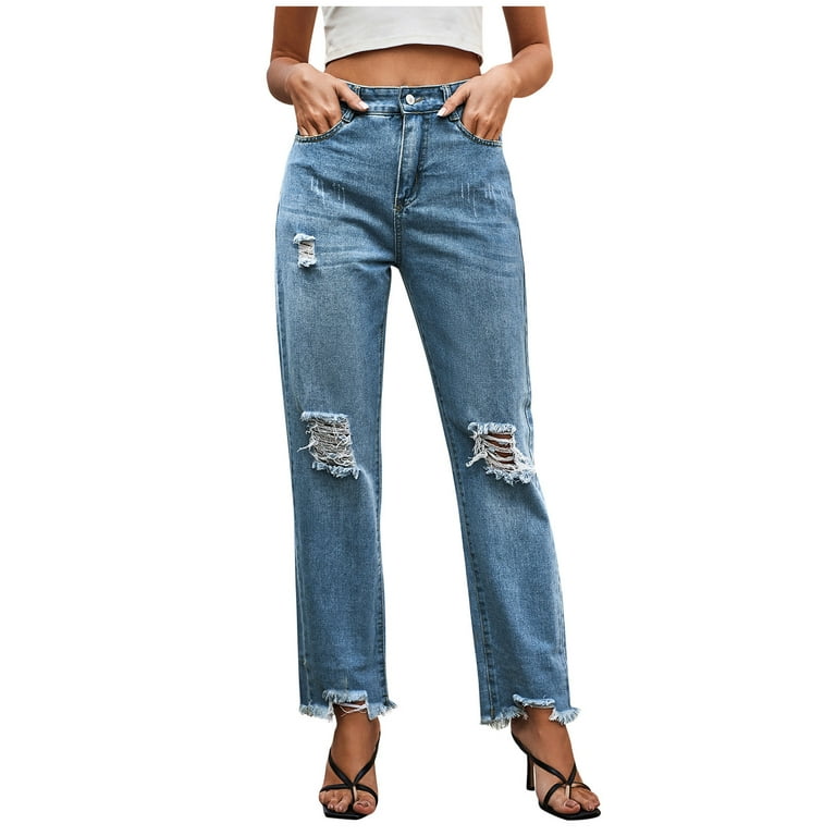 Clearance Straight Ripped Cropped Pants Denim Fashion Women's Button Zipper  Summer Mid Waist Pockets Full Length Pants Dark Blue XL 