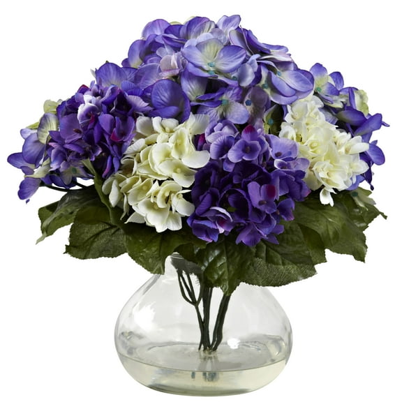 Nearly Natural Mixed Hydrangea Artificial Flowers with Vase, Blue
