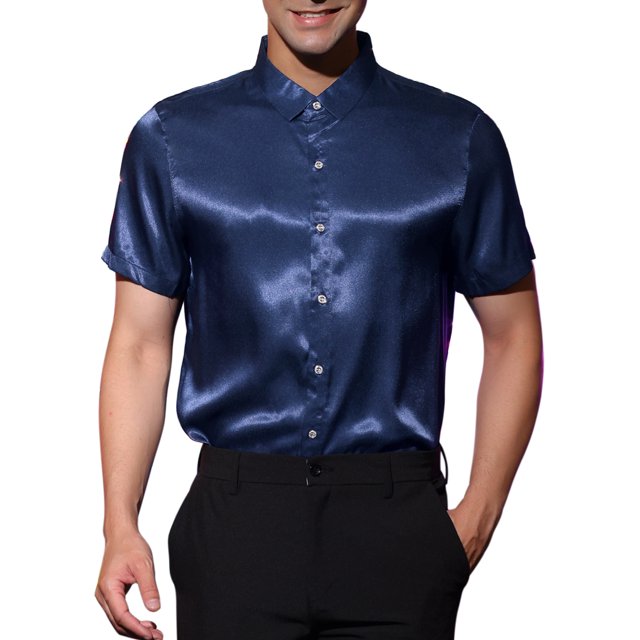 INSPIRE CHIC Satin Shirts for Men's Button Down Collared Short Sleeve Business Shirts Navy Blue S