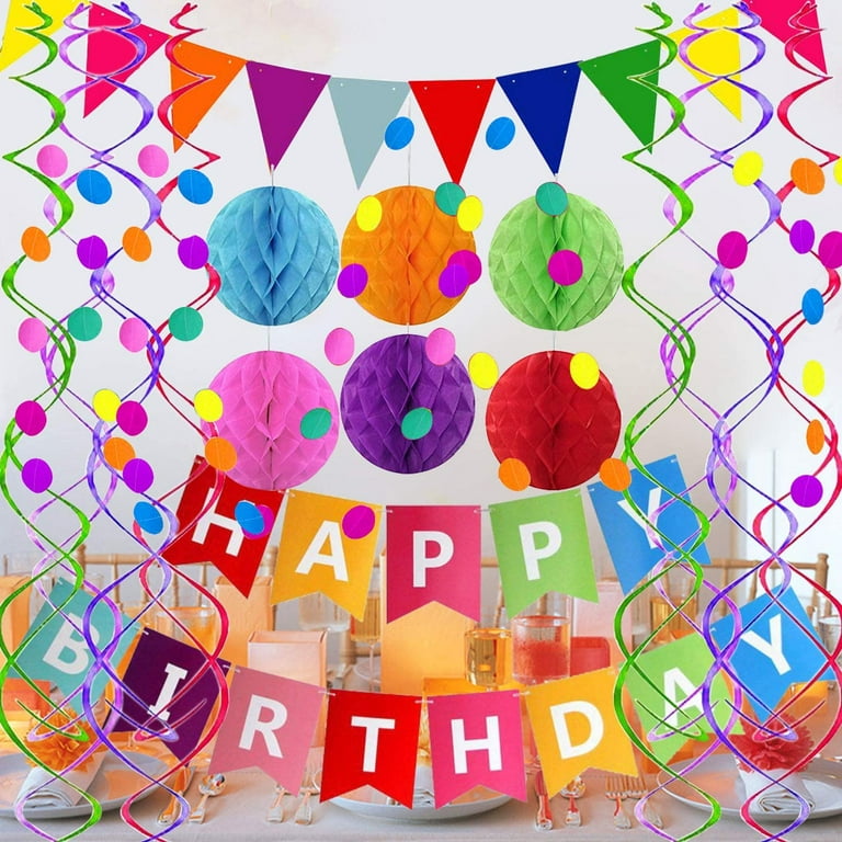  Happy Birthday Banner, Rainbow Birthday Banner, 6 Honeycomb  Balls, 8 Metallic Hanging Swirls and Circle Parper Garland, Happy Birthday  Decorations : Toys & Games
