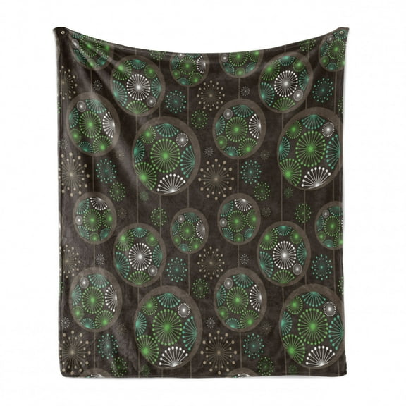 Sage Soft Flannel Fleece Throw Blanket, Abstract Dandelion Floral Garden Growth Inspired Retro Nature, Cozy Plush for Indoor and Outdoor Use, 50" x 60", Green Brown White, by Ambesonne