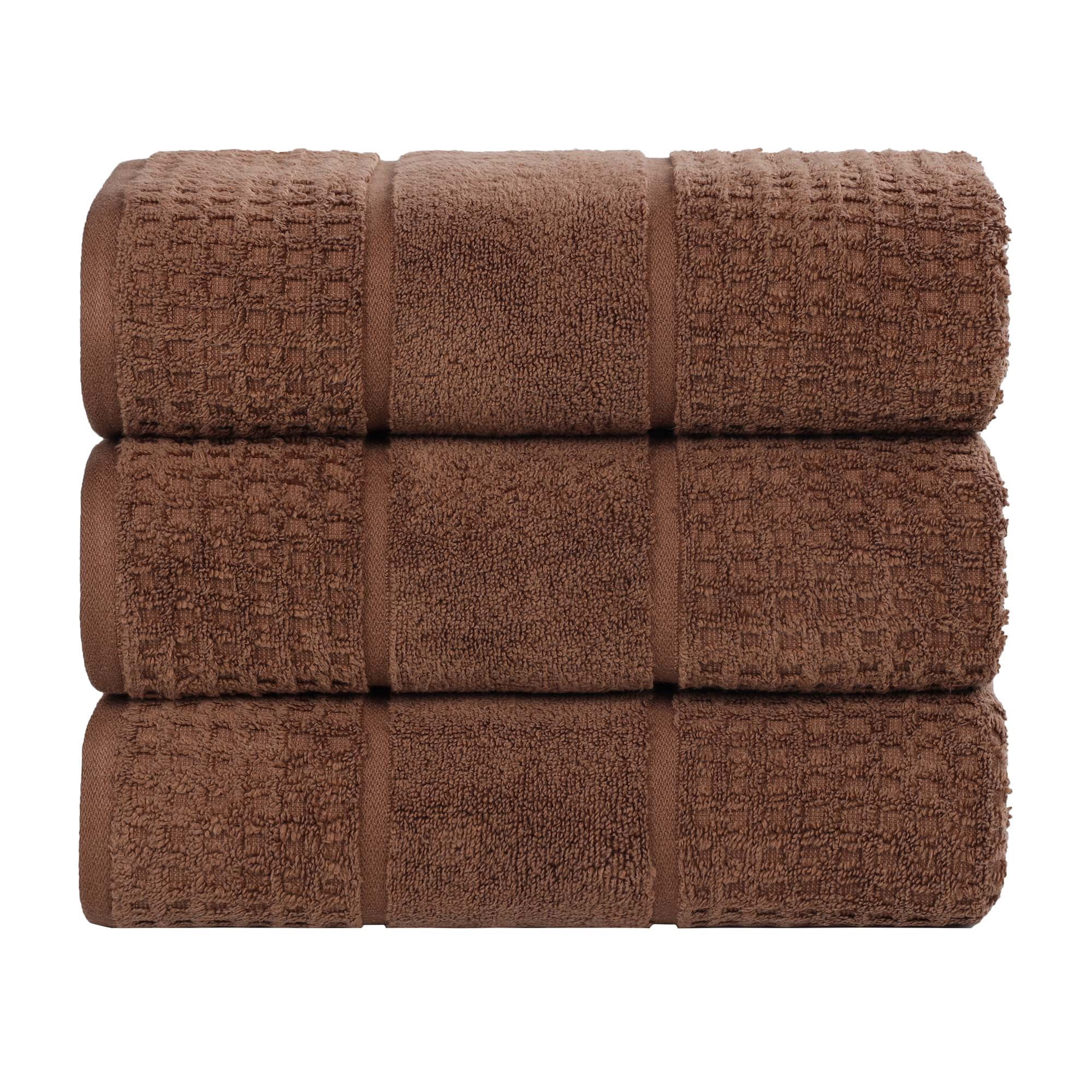 Superior Zero Twist 3-Piece Cotton Bath Towel Set, Waffle Border Ultra Doft Quick Dry Towels, Chocolate