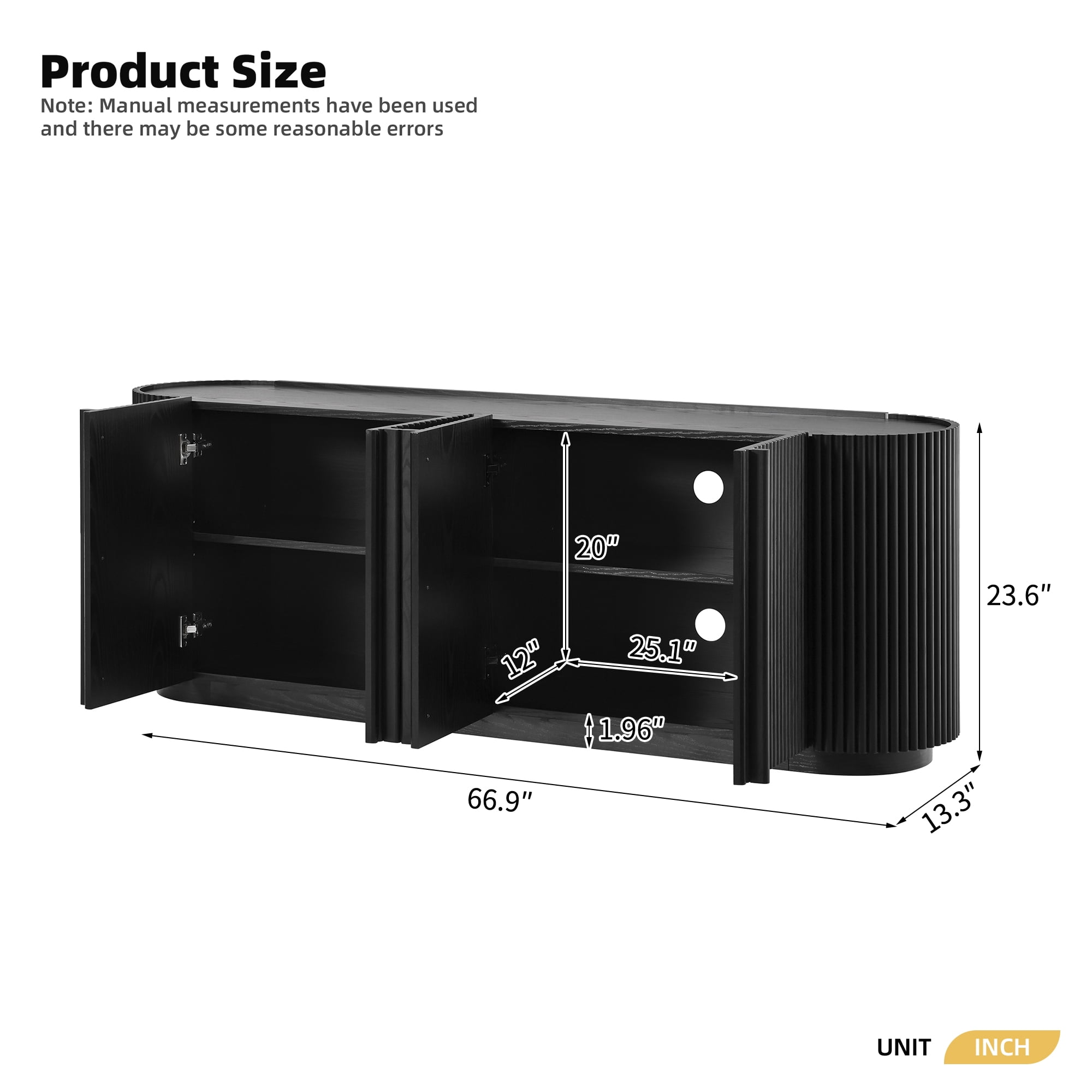 TV Stand with Fluted Tambour-Style Door and Adjustable Shelves, Mid Century Media Console and Entertainment Center for TVs up to 70 Inch, Black