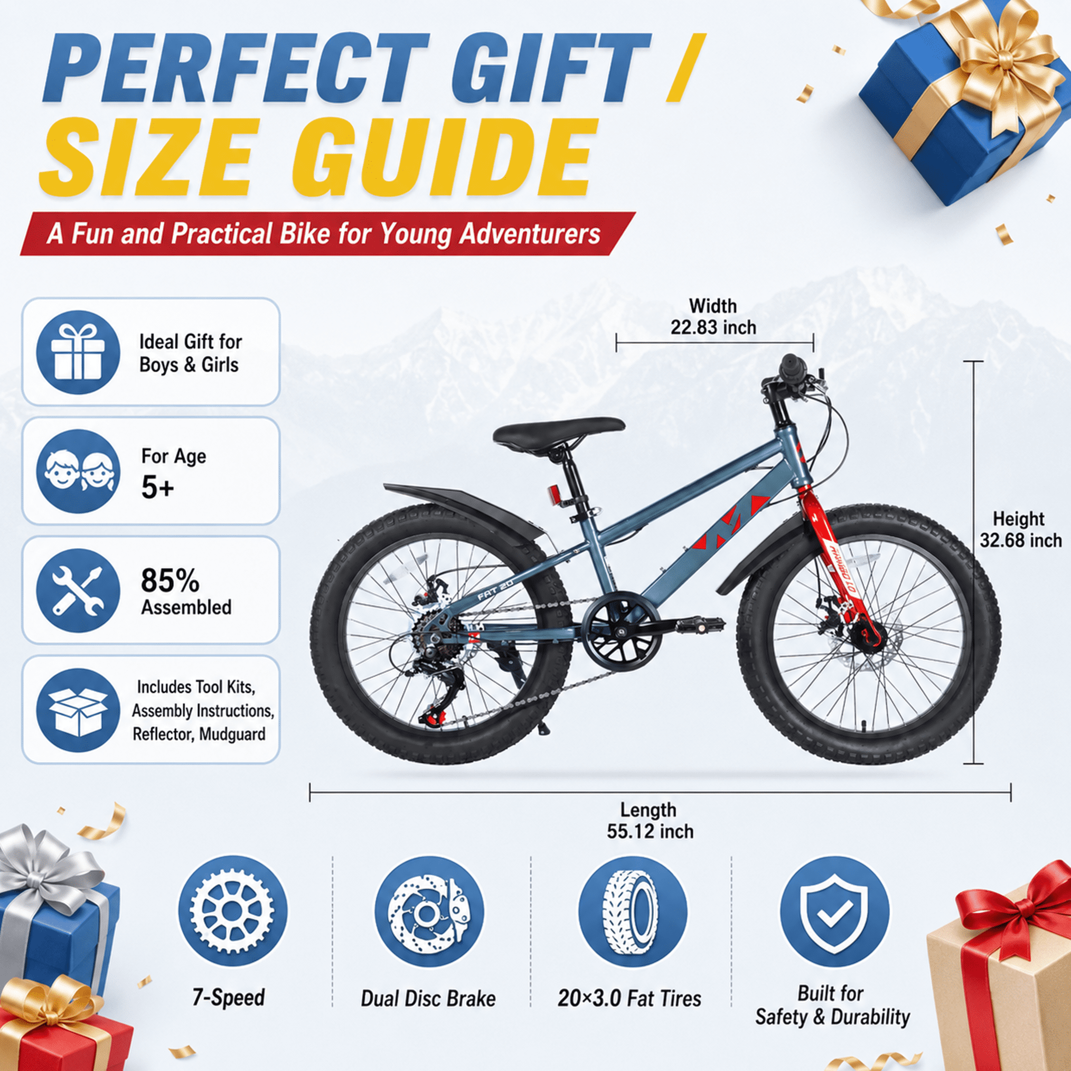 20 Inch Fat Tire Mountain Bike for Boys and Girls Ages 5-12, 7-Speed Kids Bicycle with High-Strength Steel Frame, Dual Disc Brakes and Suspension Fork for All-Terrain Riding, Grey