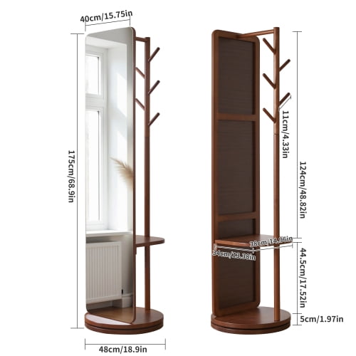 360° Rotatable Full Length Mirror with Coat Rack, 70"x19" Solid Wood Freestanding Body Mirror with Hooks & Storage Shelf, Standing Floor Mirror for Bedroom, Entryway, Living Room, Walnut