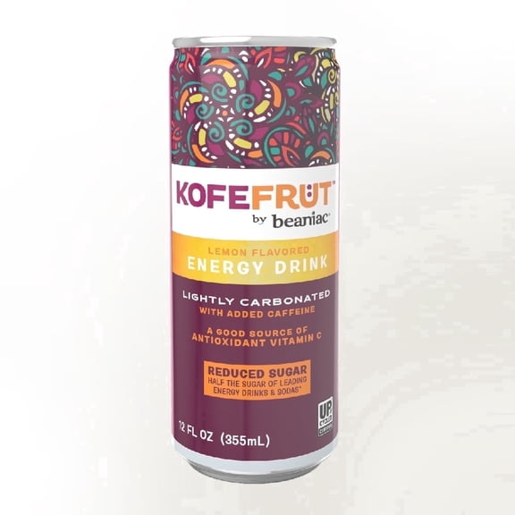 KOFEFRUT by beaniac Caffeinated Energy Drink, Lemon, Lightly Carbonated, Reduced Sugar, 80mg Caffeine, Polyphenols, Antioxidants, Vitamin C, 12 Fl Oz Can (Pack of 4)