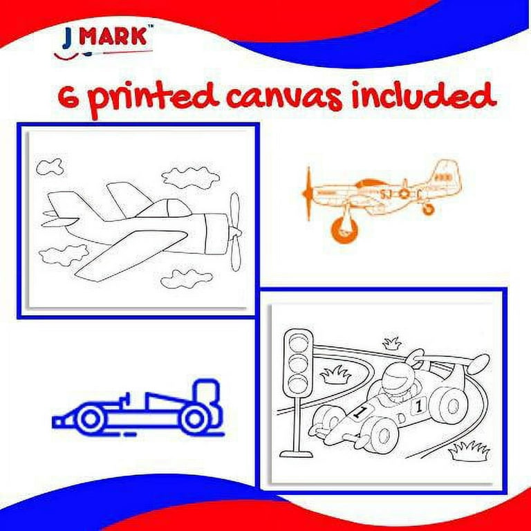 J Mark Kids Paint Set and Paint Easel Acrylic Painting Kit, Safe Washable Paints, Wood Easel, 2 Pre-Stenciled Canvases 8 x 10 Inches, Brushes, Palette